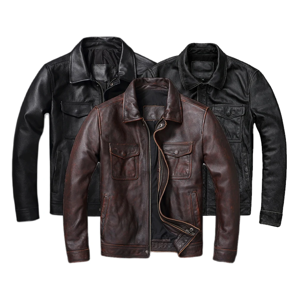 Leather Work Jacket - Vintage Brown Red Genuine Leather Jacket