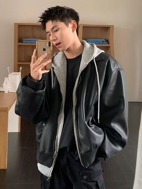 Leather Work Jacket - Men's Hooded PU Leather Jacket Fake